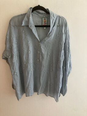 Johnny Was Pale Blue Green Eyelet Cotton Tunic Blouse 100% Cupra Rayon